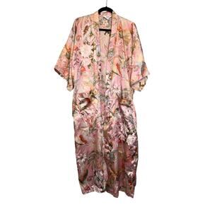 Celsa Kimono Robe Womens L Pink Floral Parrot Open Japanese Tropical Cover Up